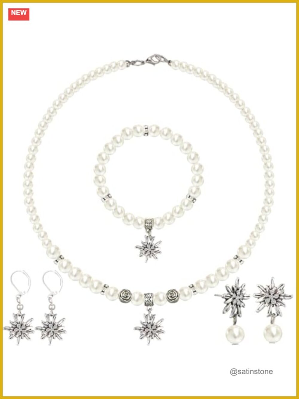 Traditional Bavarian Jewelry Set with Necklace Bracelet Earrings - Edelweiss